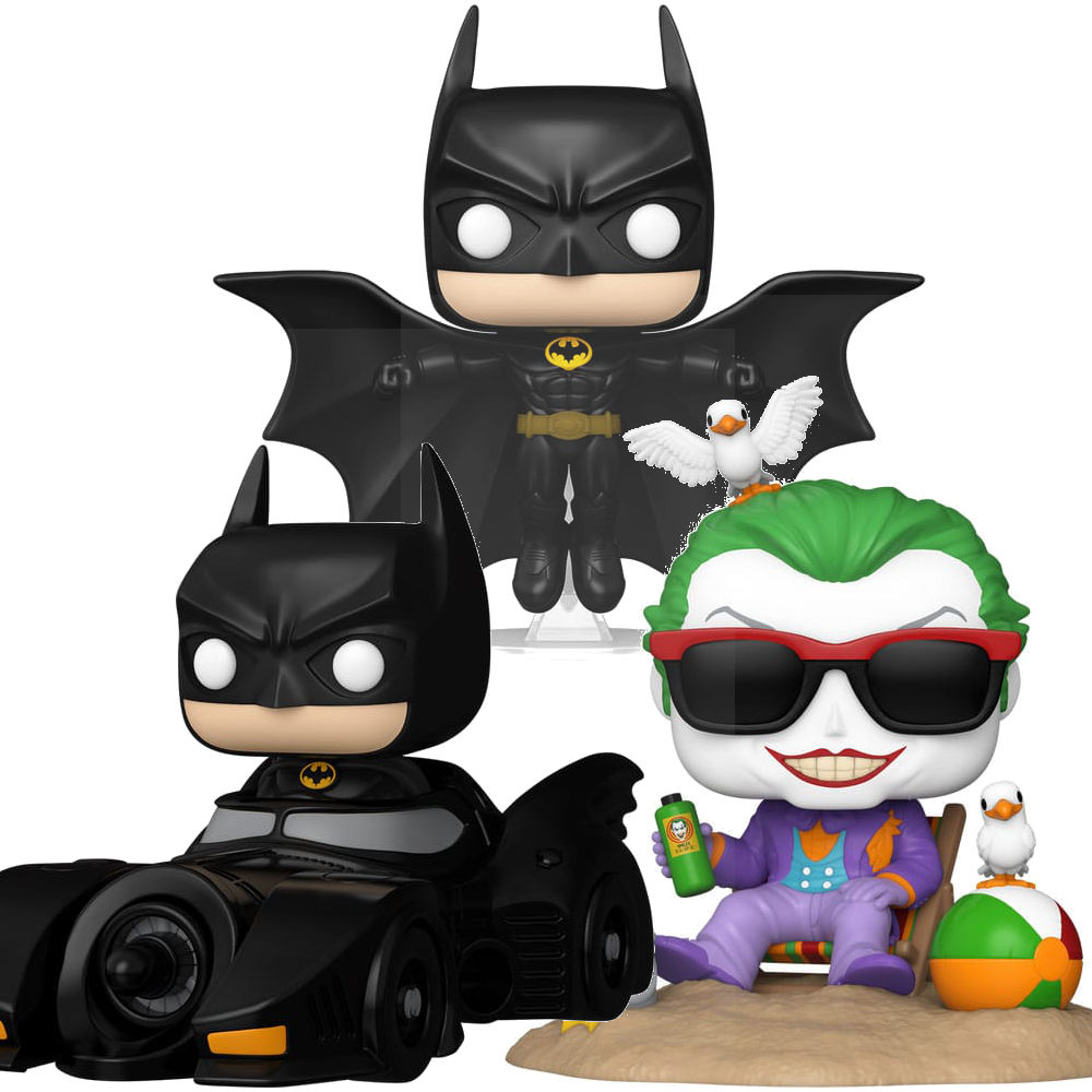 Batman 85th Anniversary POP! Deluxe Vinyl The Joker Beach / Batman Soaring / Batman w/Batmobile 9 cm